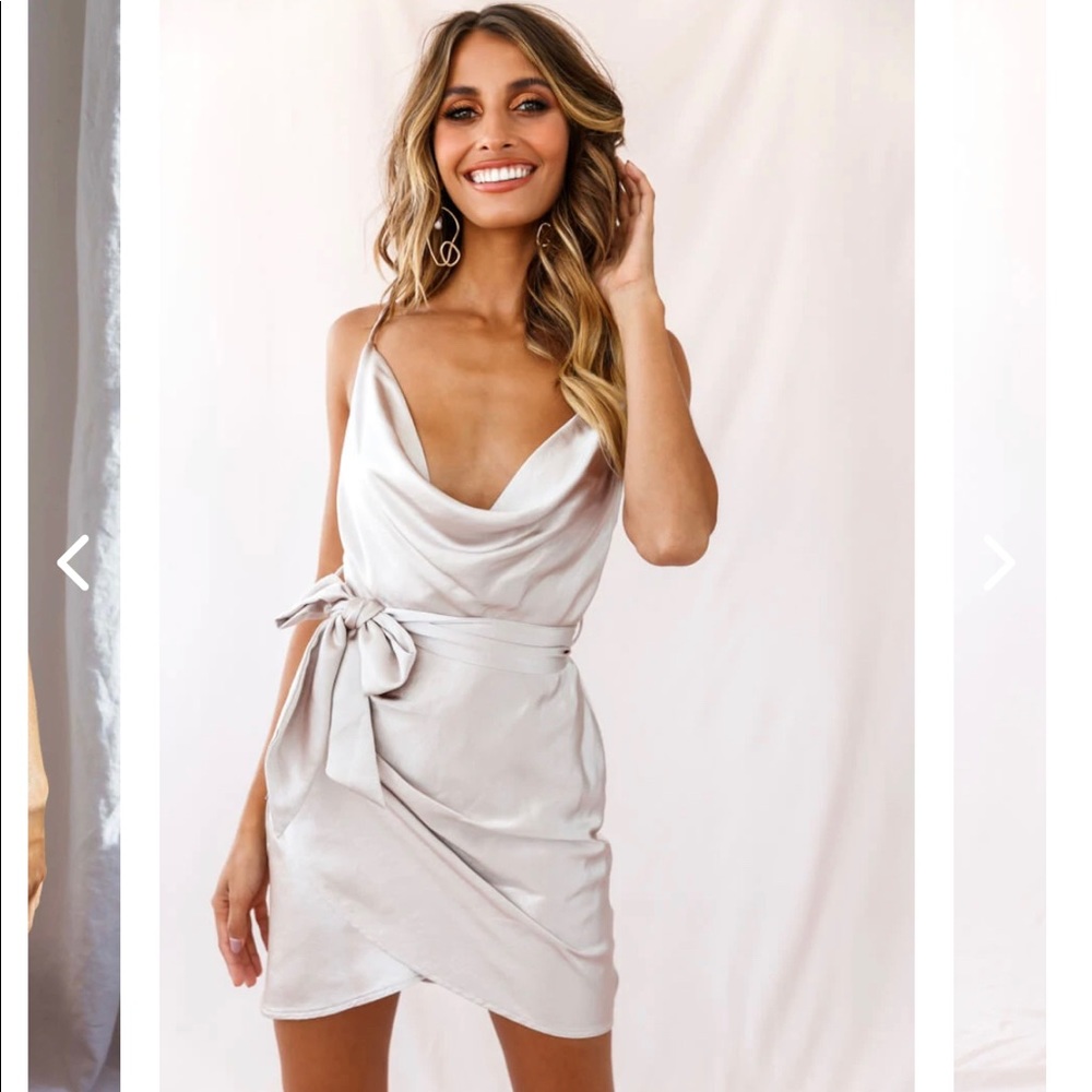 NWT Selfie Leslie BEBE SATIN COWL NECK WRAP DRESS CHAMPAGNE